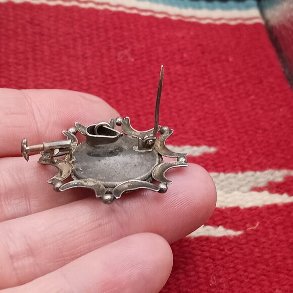 Antique Sterling Silver Lapis Lazuli Brooch Pendant Trombone Clasp - Picture 4 of 8